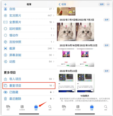 前郭苹果手机维修分享iOS 16 中相册重复项目功能使用方法 