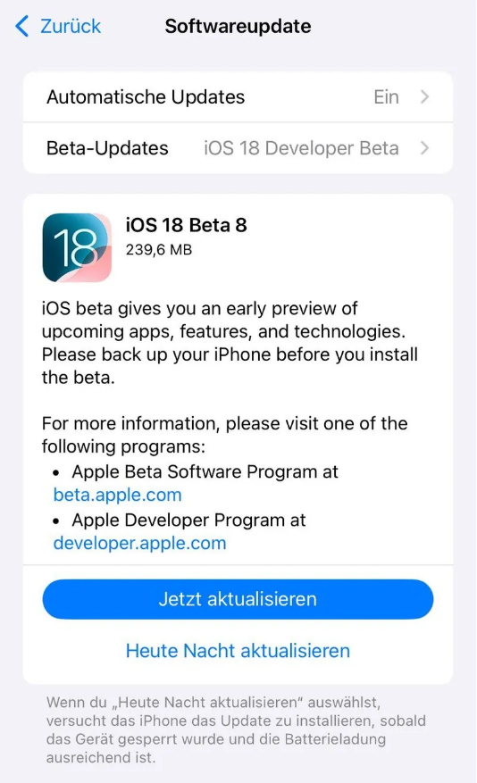 前郭苹果手机维修分享苹果 iOS / iPadOS 18 开发者预览版 Beta 8 发布 